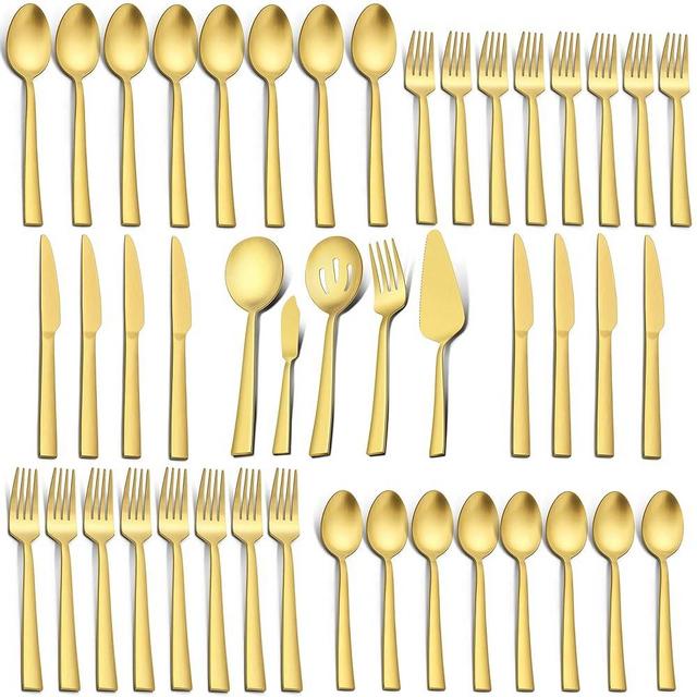 LIANYU 45-Piece Matte Gold Silverware Set with Serving Utensils, Stainless Steel Flatware Cutlery Set for 8, Square Tableware Eating Utensils Set for Wedding Home, Satin Finish, Dishwasher Safe