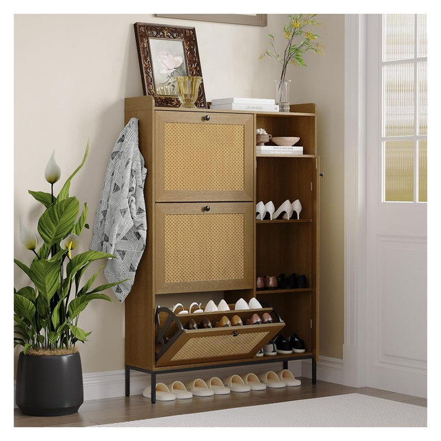 Shoe Cabinet with 3 Flip-out Drawers, Rattan Freestanding Shoe Organizer with Open Shelves Side Cabinet, for Entryway, Hallway, Living Room, Natural