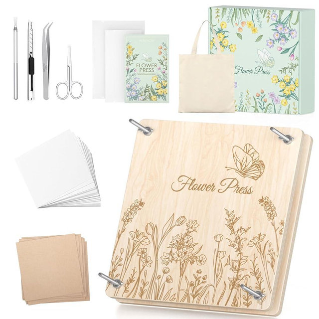 Wakhow Flower Press Kit, 11.02" x 11.02" Large Wooden Flower Press, Flower Pressing Kit for Adults & Kids, DIY Flower Drying Art Kit, Flower Preservation Craft, Ideal Gift for Flower & Plant Lovers