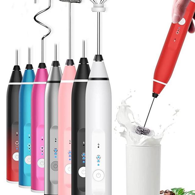 Milk Frother Rechargeable Handheld, Electric Whisk Coffee Frother Mixer with 3 Stainless whisks, 3-Speed Adjustable Foam Maker Blender for Coffee Matcha Latte Cappuccino Hot Chocolate(Red)