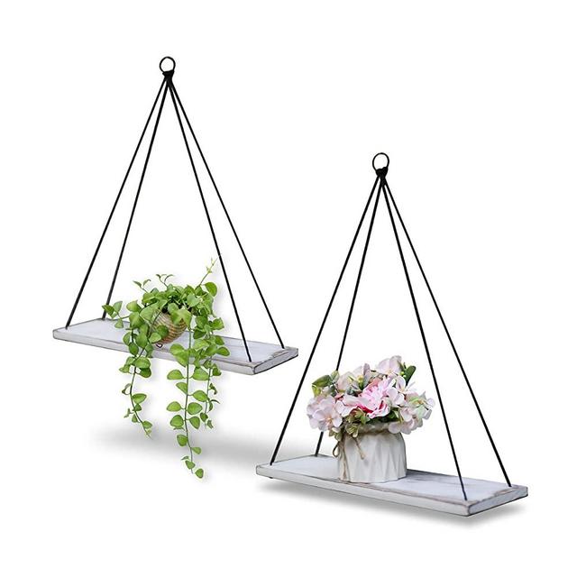 Hanging Shelves for Wall, Rustic Wood Wall Shelf Decor - Great Shelves for Bedrooms, Living Room, Bathroom, Kitchen - Beautiful Hanging Plant, Wall Decoration (Boho White)