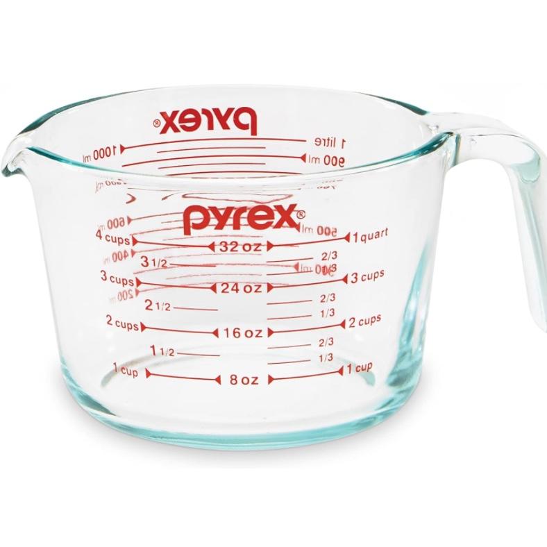 Pyrex 4-Cup Glass Measuring Cup For Baking and Cooking, Dishwasher, Freezer, Microwave, and Preheated Oven Safe, Essential Kitchen Tools