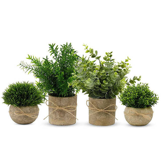 PENGYEE Artificial Plant, 4Pcs Mini Plants Artificial Potted Set Fake Green Grass Faux Plastic Green Rosemary Topiary Shrubs for Home Office Desk , Kitchen Counter Decoration