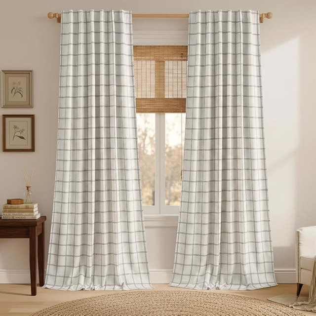 NICETOWN 100% Blackout Plaid Curtains for Bedroom 2 Panels, Linen Blend 2-Layer Drapes for Living Room 84 Inches Long, Farmhouse Thermal Insulated Curtains Rod Pocket Back Tab, White, 52W x 84L