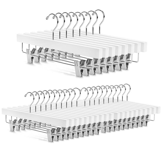 Nature Smile Deluxe Wooden Pants Hangers, Solid Lotus Wood, with Clips, Pack of 28, White