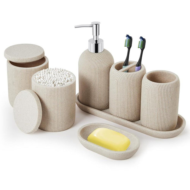 Z ZONAMA Bathroom Accessories Set - 7-Piece Resin Bathroom Set, Toothbrush Holders Set, Soap Dispenser, Qtip Holder Dispenser, Tumbler, Soap Dish & Tray, Modern Bath Decor for Home Dorm Hotel (Beige)