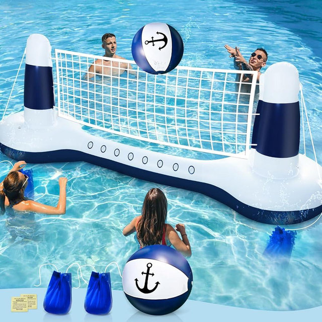 Large Inflatable Pool Games Volleyball Net Pool Floats Set with 9" Anchor Ball, 2 Weight Bags & Yacht Design – Floating Swimming Game Toy for Adults, Perfect for Summer Water Sport Pool Party