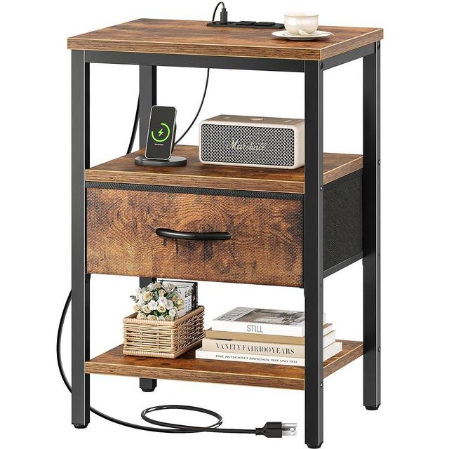 SUPERJARE Nightstand with Charging Station, Bed Side Table with Adjustable Fabric Drawer, Night Stand for Bedroom, 3-Tier Storage End Table, for Living Room, Rustic Brown