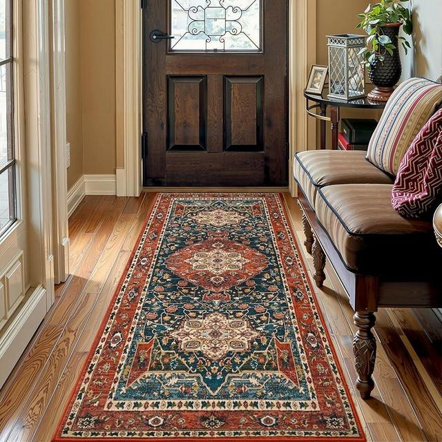 YJ.GWL 2x6 Rug Runners for Hallways, Non Slip Kitchen Washable Long Runner Rugs, Soft Abstract Vintage Boho Carpet Runner for Livingroom Bedroom Bathroom Entryway, Red