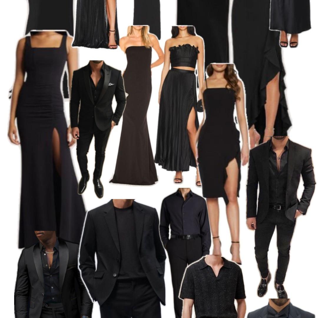 Black monochrome is timeless — it’s elegant, sophisticated, and effortlessly beautiful. Choosing all‑black attire allows every guest to look polished while keeping the overall aesthetic cohesive