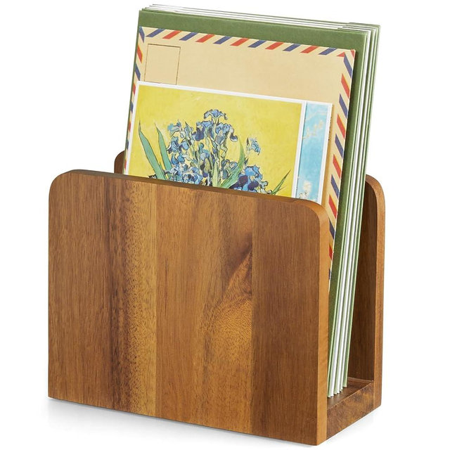 BWODYAY Acacia Wood Mail Organizer, Mail Holder for Desk, Letter Holder for Countertop, Small Envelope Holder, Desk Organizers and Accessories for Home Office