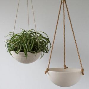 Large Hanging Planter, Ceramic Porcelain Basket with Jute or Cotton Cord, Hand Carved Geometric or Smooth Finish