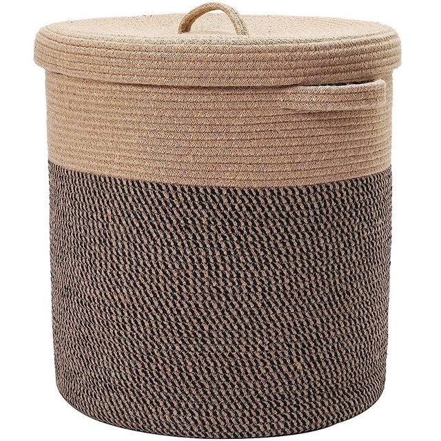 16" x 16" x 18" Extra Large Storage Basket with Lid, Cotton Rope Storage Baskets, Laundry Hamper, Toy Bin, for Toys Towels Blankets Storage in Living Room Baby Nursery, Jute/Black Mix Basket