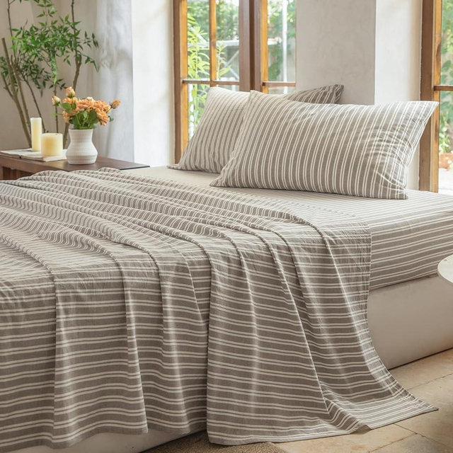 BESTDESIL Striped Bedding Sheet Set 4 Pcs,100% Washed Cotton Linen Like,1 Fitted Sheet,1 Flat Sheet and 2 Pillowcases,Comfy Textured Sheet Set(Strip-Linen Grey/White,King)