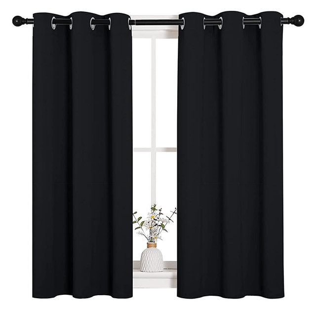 NICETOWN Bathroom Blackout Curtains and Drapes, Black Solid Thermal Insulated Grommet Blackout Drapery Panels for Window (2 Panels, 34 inches Wide by 45 inches Long, Black)