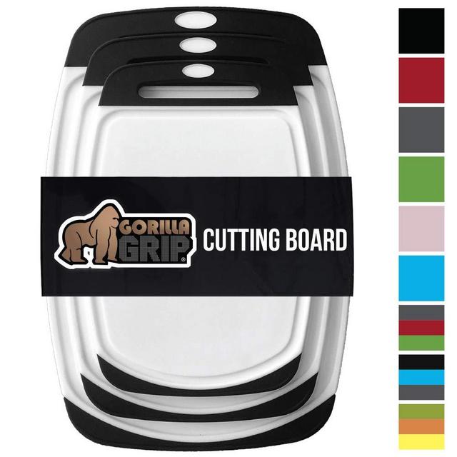 Gorilla Grip Original Reversible Cutting Board (3-Piece) BPA Free, Dishwasher Safe, Juice Grooves, Larger Thicker Boards, Easy Grip Handle, Non Porous, Extra Large, Kitchen (Set of Three: Black)