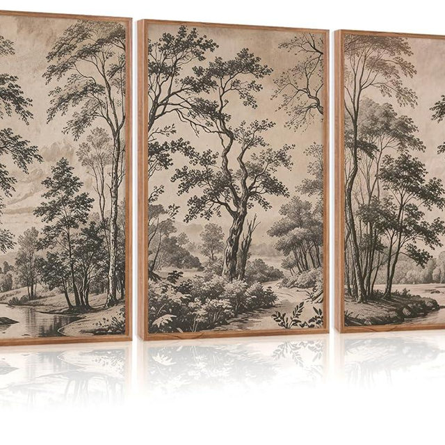 CHDITB Vintage Forest Framed Canvas Wall Art Set, Nature Tree Botanical Wall Decor，Scenic Art Spiritual Wall Painting, Neutral Artwork Wilderness Art Prints for Living Room Bedroom Office 16"x24"x3