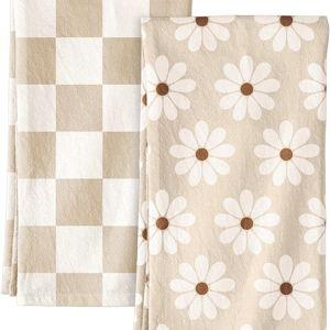 Miss Adola 2 Pack Flour Sack Kitchen Towels - 16x26 Inch Cotton Dish Towels with Hanging Loop Reusable Geometric Boho Modern Retro Tea Towel Absorbent Dishcloths Home Decor, Beige Checkered Flower