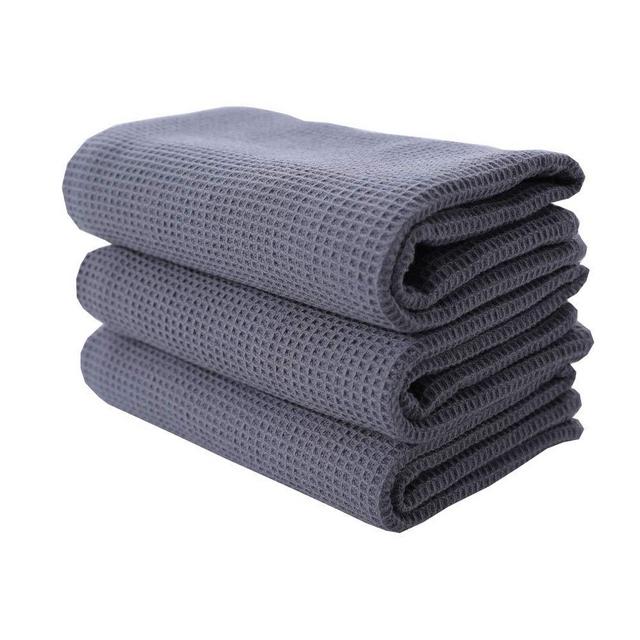 RAYKER Classic Kitchen Towels,Waffle Weave Tea Towels, Best Dish Cloths, 100% Cotton,Vintage Design,3 Pack in Large Size 45x65cm (Grey)