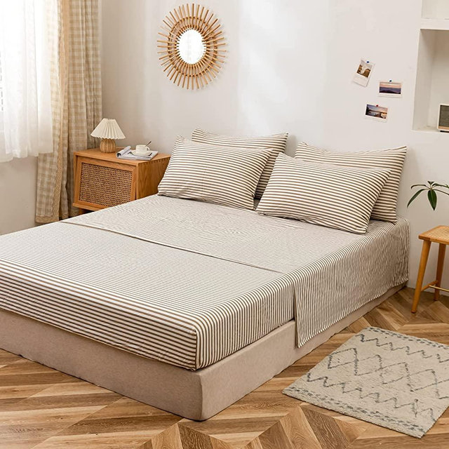 JELLYMONI Stripe Sheet Set, Extra Soft Bedding Sheets- 16" Deep Pockets, Easy Care, Breathable and Super Comfy, Fade Resistant, Machine Washable, 100% Cotton- 4 Pieces (King，Khaki Striped)