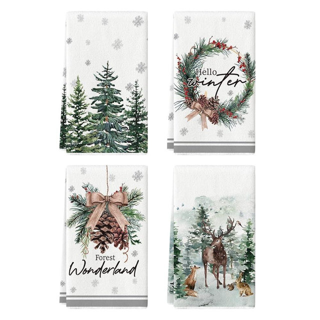 Artoid Mode Elk Trees Pine Cones Holly Berry Hello Winter Kitchen Towels Dish Towels, 18x26 Inch Bowknot Christmas Decoration Hand Towels Set of 4