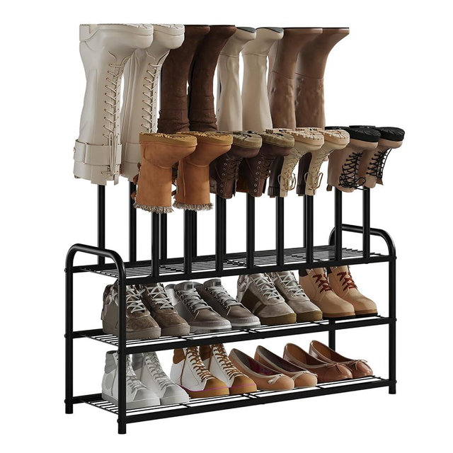 Kitsanery Shoe Rack - 3-Tier Metal Boot Rack Organizer for Entryway, Closet & Garage, Free Standing Shoe Shelf for Storage Tall Boots, Sneakers, Cowboy Boots, Black (Large - 8 Pairs)