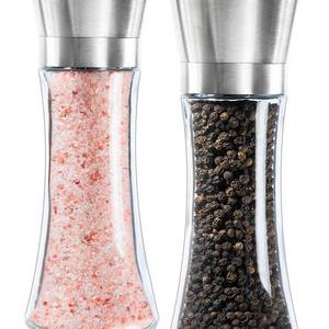 Levav Premium Salt and Pepper Grinder Set of 2- Brushed Stainless Stell Pepper Mill and Salt Mil, Glass Body, Size Grade adjustable ceramic rotor-salt and pepper shakers (tall)