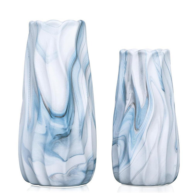 Blue and White Vase Set of 2, Light Blue Vases Home Decor, Decorative Pretty Unique Vases Vertical Stripe, Ceramic Coastal Decoration Modern Table Centerpiece for Dining Room