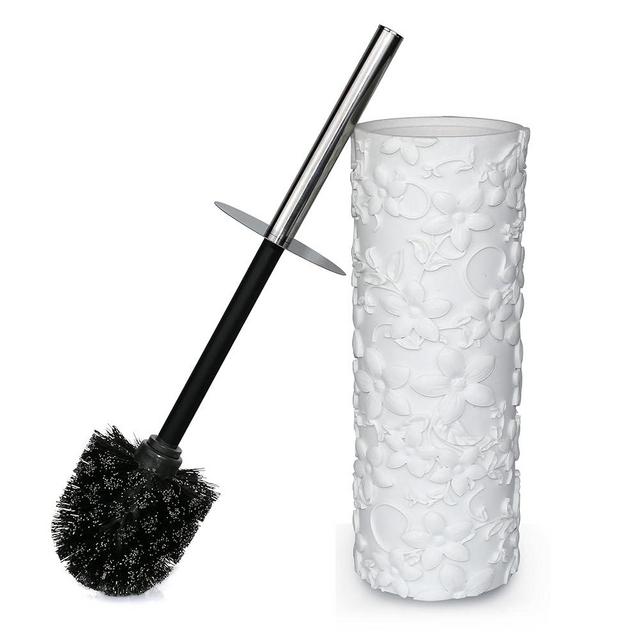 Indecor Home White Floral Design Resin Toilet Bowl Holder and Brush Set,Stylish Bathroom Cleaning Tool with Durable Bristles, Compact and Functional