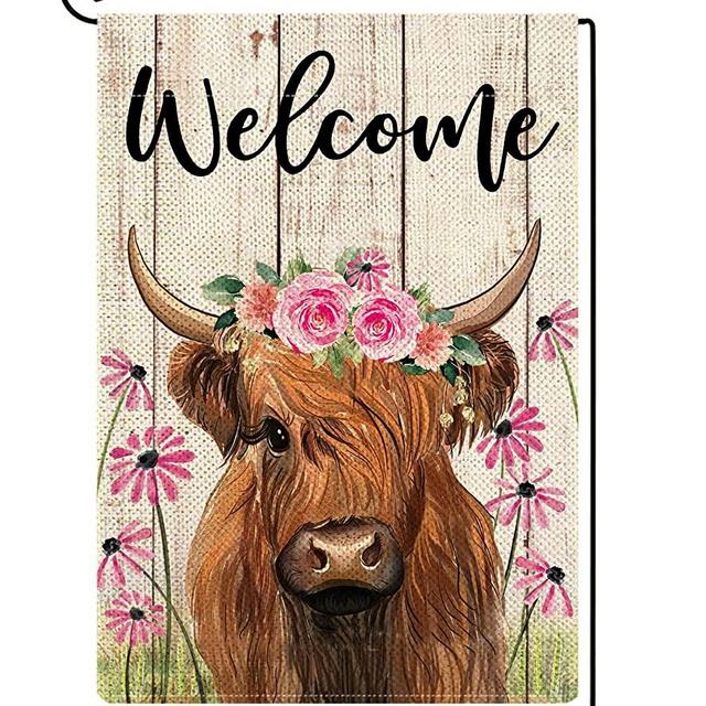 ORTIGIA Welcome Spring Floral Cow Garden Flag Burlap Double Sided Vertical 12x18 Inch Farmhouse Highland Cow Yard Decor Spring Summer Daisy Flowers Porch Flag Rustic Seasonal Outdoor Flag