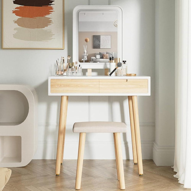 YOURLITE Makeup Vanity Desk with Lights,Small Vanity with Adjustable Brightness Mirror for Samll Spaces,Vanity Desk with Drawers (31.5", Square Mirror Wood)