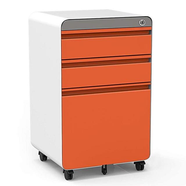 3-Drawer Filing Cabinet, Metal Vertical File Cabinet with Hanging File Frame for Legal & Letter File Install-Free Anti-tilt Design and Lockable System Office Rolling File Cabinet-Orange/White
