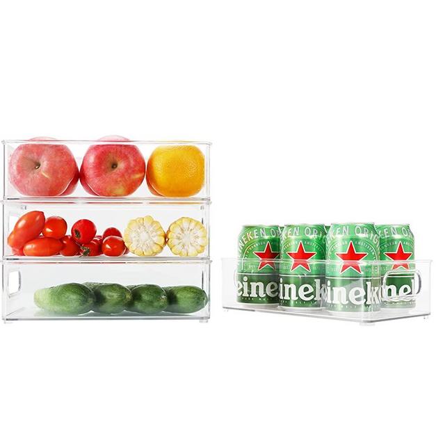Plastic Refrigerator Organizer Bins，4 Pack Clear Stackable Food Storage Bins for Pantry，For Food Storage Bins for Pantry ，Cabinet, Kitchen, Bathroom, Pantry （10x 6 x 3 inches）