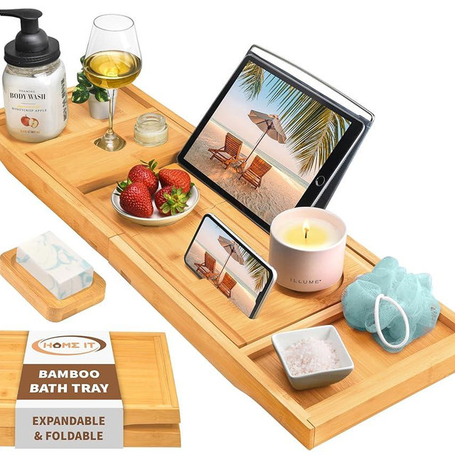 Home It Premium Foldable Bathtub Tray - Bamboo Waterproof Bath Tray for tub Caddy - Wooden Holder for Wine, Book, Soap, Phone, Luxury Gift for Men & Women - Expandable, Fits Most Tubs in Bathroom
