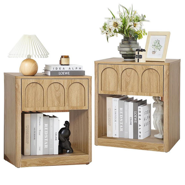 Nightstand Set of 2, 19.69" Wide Bedside Table with Arched Finish, Modern Night Stands with Curved Profile, Mid Century End Table for Bedroom Living Room (Natural-2 Packs)