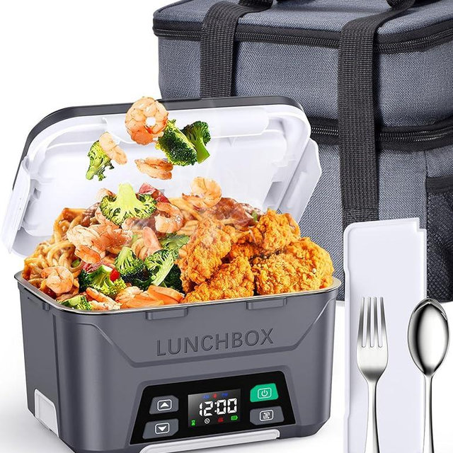 Docusvect Rechargeable Heated Lunch Box for Men, 1.3L Cordless Electric Lunch Box for Adults with Scheduled Heating, Portable Food Warmer with Large Bag, Cutlery, Removable Divider