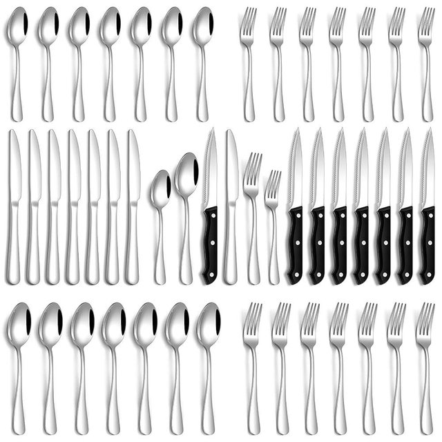 PHILIPALA Silverware Set, 48-Piece Flatware Set with Steak Knives for 8, Stainless Steel Mirror Cutlery Include Forks Spoons and Knives Set, Dishwasher Safe Utensils Set for Home Restaurant