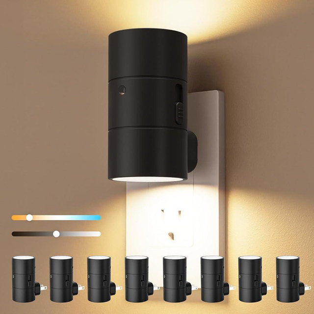 VOLISUN Night Lights Plug into Wall, Dimmable LED Nightlight with Dusk to Dawn Light Sensor, 0-100LM Adjustable Brightness, 3 Color Temperatures, Compact Size Black 8 Pack for Hallway,Bedroom,Bathroom