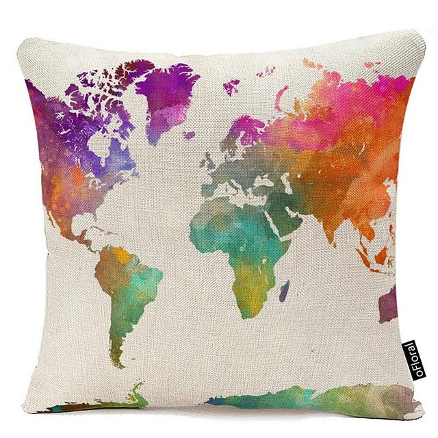 Vintage Map of The World Map Watercolor Cotton Linen 18 x 18 Inch Square Throw Pillow Covers with Hidden Zipper Home Sofa Cushion Decorative Pillowcases