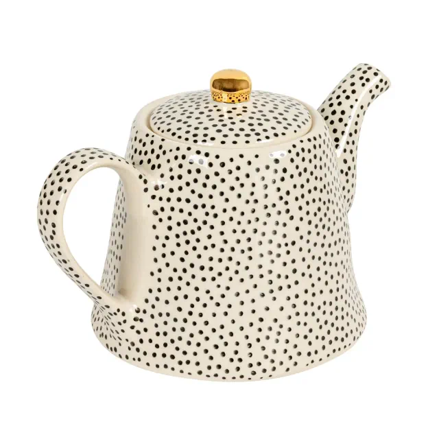 Storied Home White Stoneware Teapot with Black Speckles & Gold Electroplating