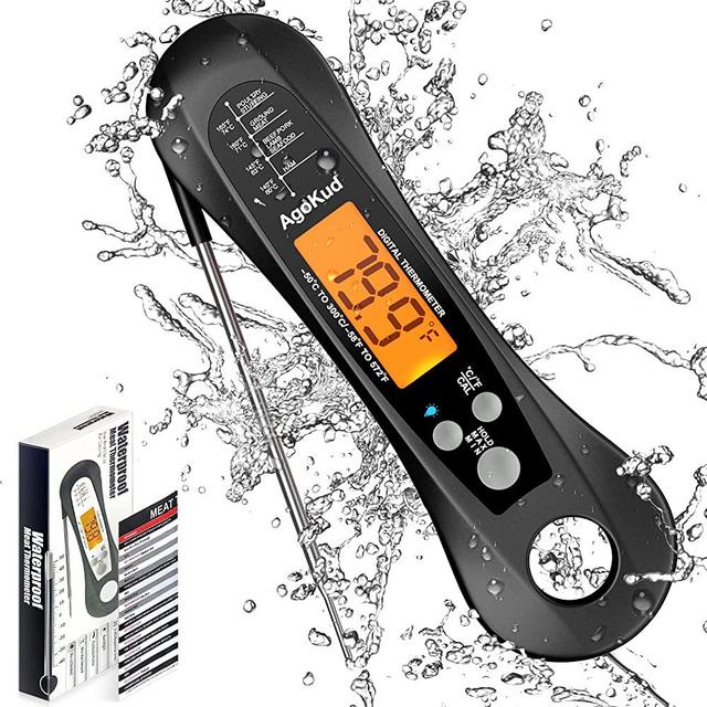 AgoKud Digital Meat Thermometers for Cooking, Waterproof Instant Read Food Thermometer with Foldable Probe, Backlit, Magnet for Deep Fry, Baking, BBQ, Grill, Roast Turkey (Black)