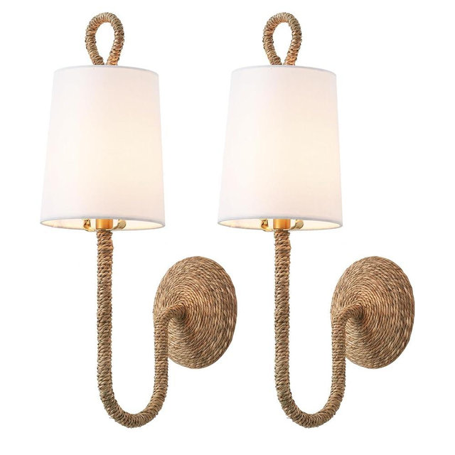 MhyTogn Natural Rattan Wall Sconce Set of 2, with Boho Woven Wicker and Creamy-White Fabric Shade for Vanity Stairway Fireplace Living Room Bedside Passway Hallway