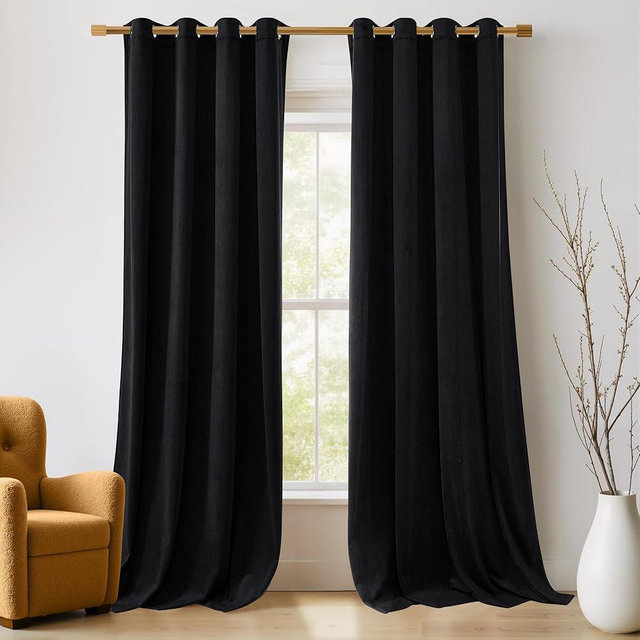 NICETOWN Halloween Black Velvet Curtains, Media Movie Theater Room Decor, Luxury Velvet Blackout Window Treatment Drapes, Classic Velvet Woven Home Theater Ring Top Drapes (Set of 2, W52xL84 inches)