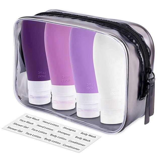 Portable Travel Bottles, INSFIT TSA Carry On Approved Toiletries Containers, 3 Ounce Leak Proof Squeezable Silicone Tubes, Refillable Travel Accessories for Shampoo Body Wash Liquids 4 Pack Purple