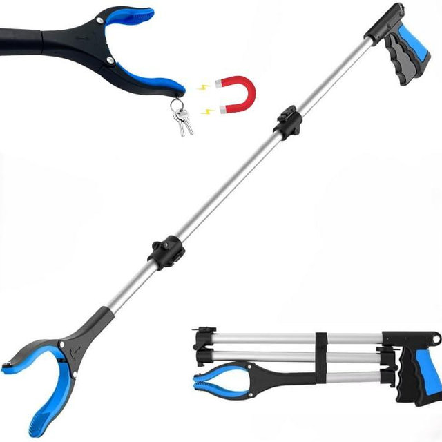 FitPlus 2024 Upgrade PowerGrip T9, Extra Long Grabber Reacher Tool, Wide Jaw, Foldable Trash Pickup Tool, Steel Cable, with 96 Grip Points for Firm Grip, 32" with Magnet (Blue, 43 Inch)