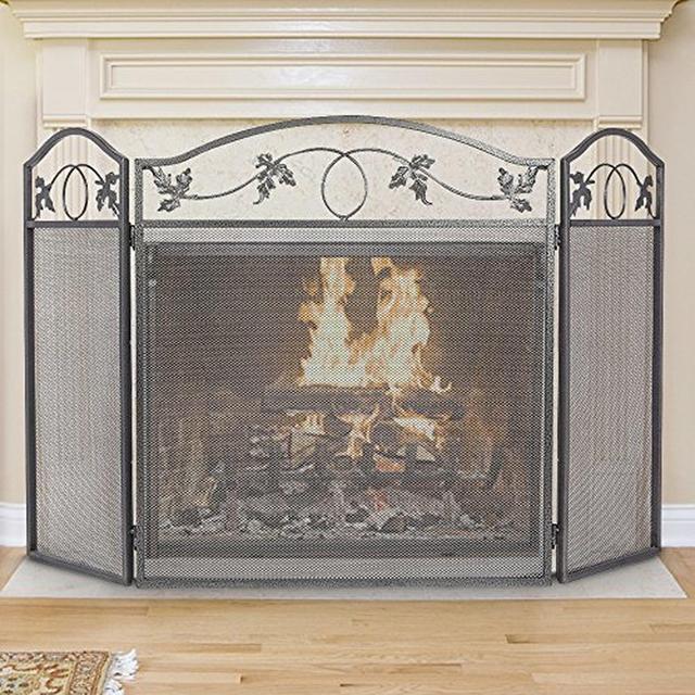 Amagabeli 3 Panel Pewter Wrought Iron Fireplace Screen Outdoor Metal Decorative Mesh Cover Solid Baby Safe Proof Fire Place Fence Leaf Design Steel Spark Guard for Fireplace Panels Accessories