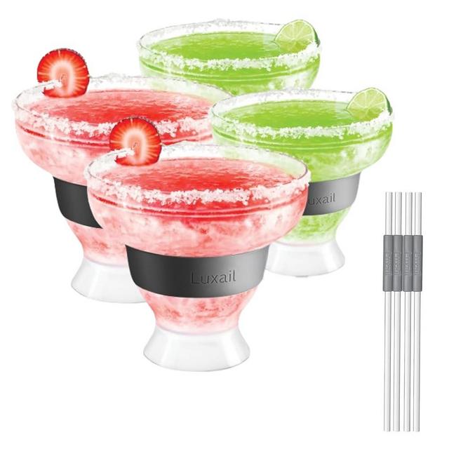 luxail Margarita Glasses, Plastic Margarita glasses, Double Wall Insulated, Stemless Freeze Cooling Cups With Gel, Chiller Set of 4 Grey, 12 Oz Capacity, Margarita gifts