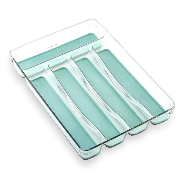 BINO 5-Slot Silverware Organizer, Aqua - Utensil Drawer Organizer with Soft Grip Lining