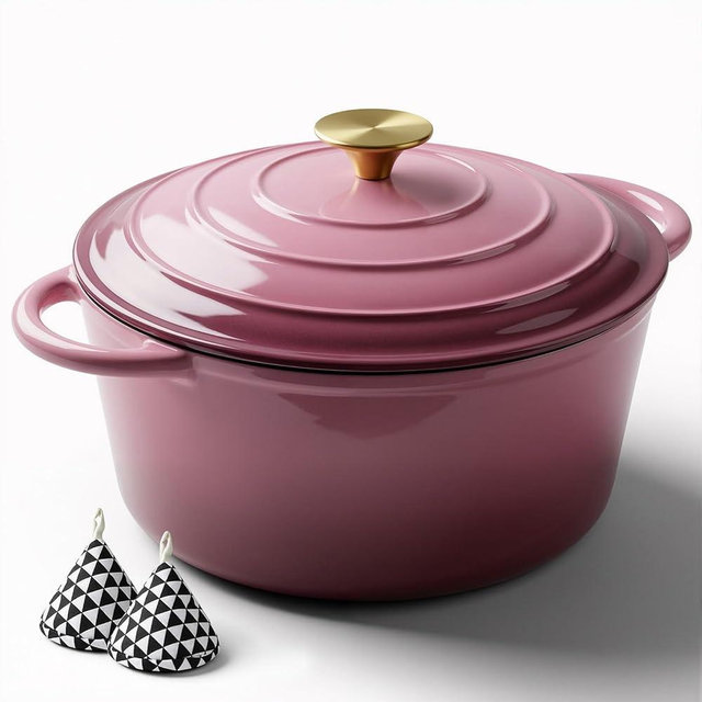 Miereirl 6 Quart Enameled Dutch Oven Pot with Lid, Cast Iron Dutch Oven with Dual Handles for Bread Baking, Cooking, Non-stick Enamel Coated Cookware, Rose