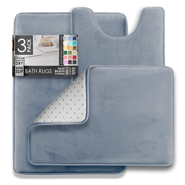Hearth & Harbor 3 Piece Bathroom Rugs Bath Mat Set, Non-Slip Velvet Memory Foam Bath Mats, Stone Blue
